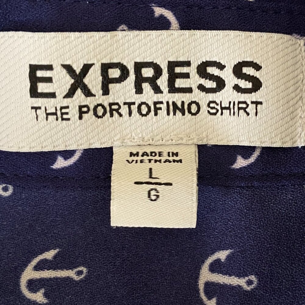 Express The Portofino Shirt Blue Nautical Anchor Print Roll Tab Coastal Preppy-L - Picture 13 of 15